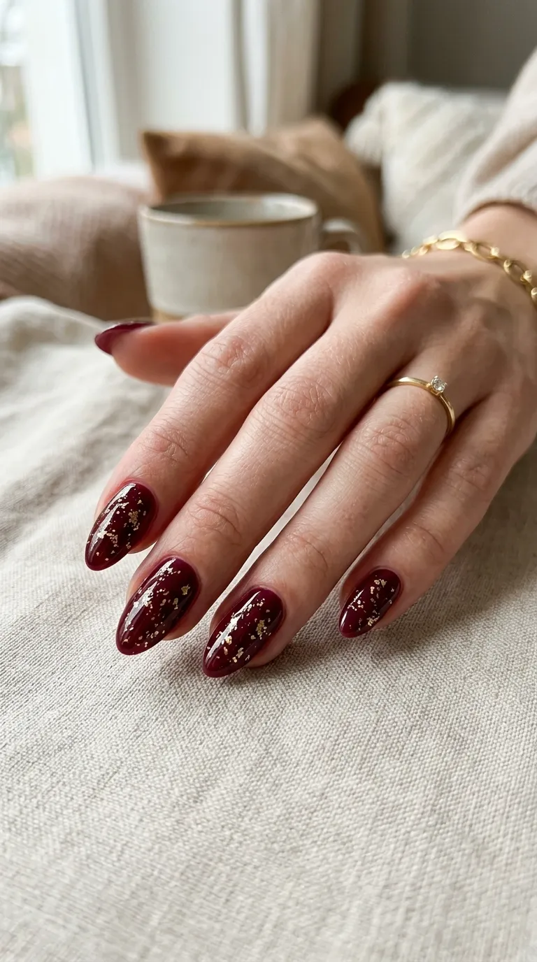 Burgundy nails gold foil