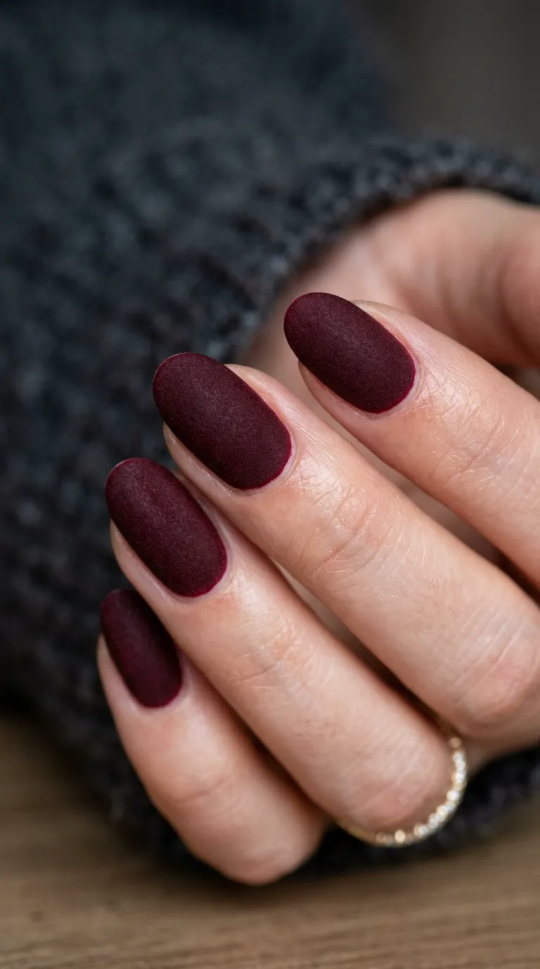 Burgundy nails matte texture macro