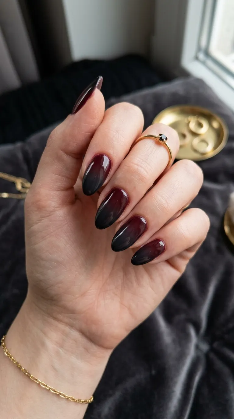 Burgundy ombre nails black tips