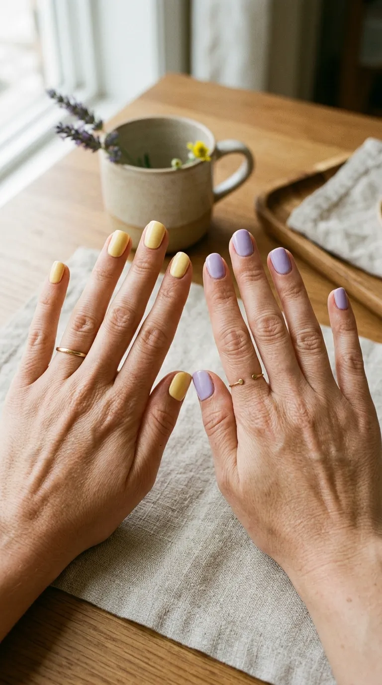 Butter yellow and lavender split-hand manicure