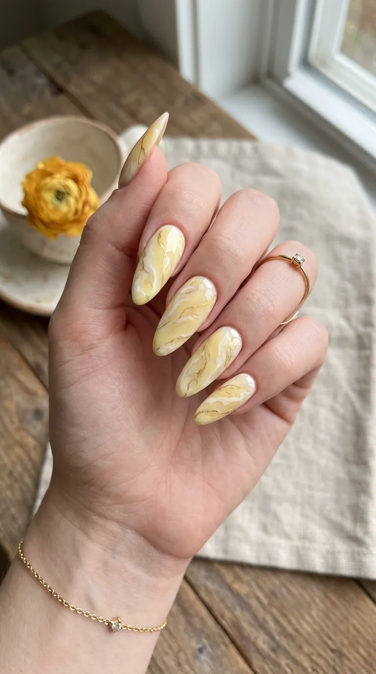 Butter yellow marble nail art