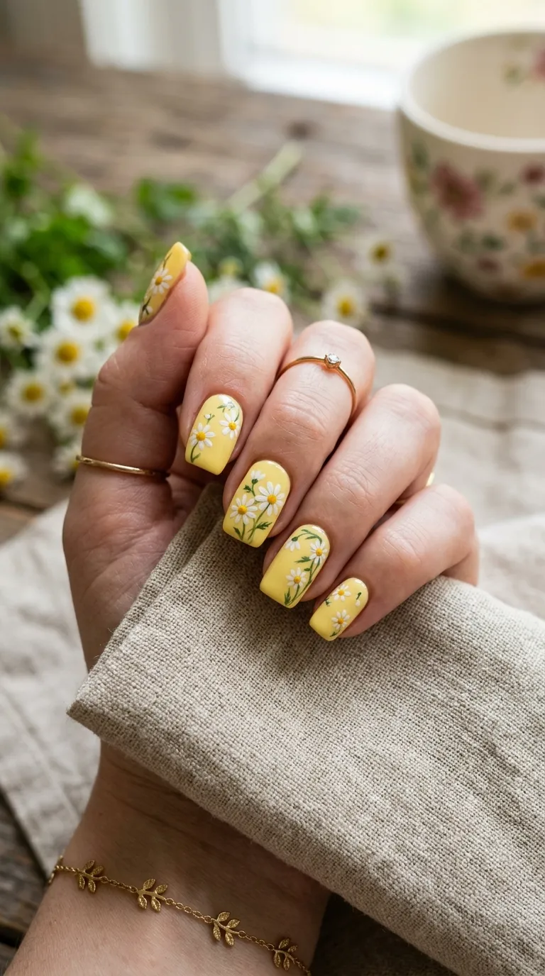 Butter yellow nails with daisy floral art