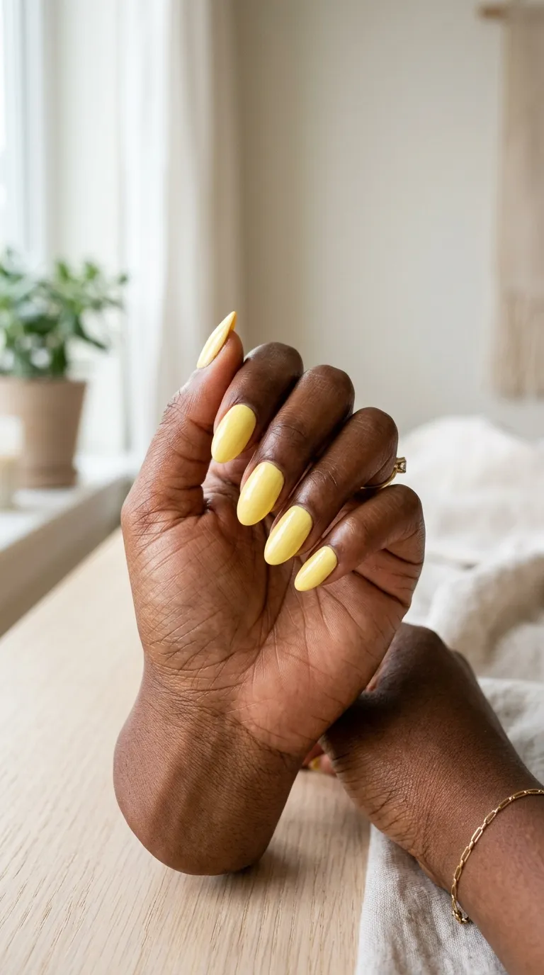 Butter yellow nails on deep skin tone