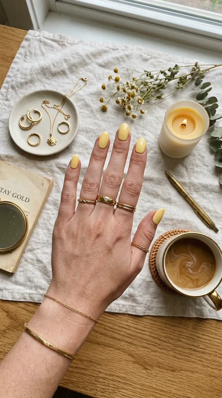 Butter yellow nails paired with gold jewelry