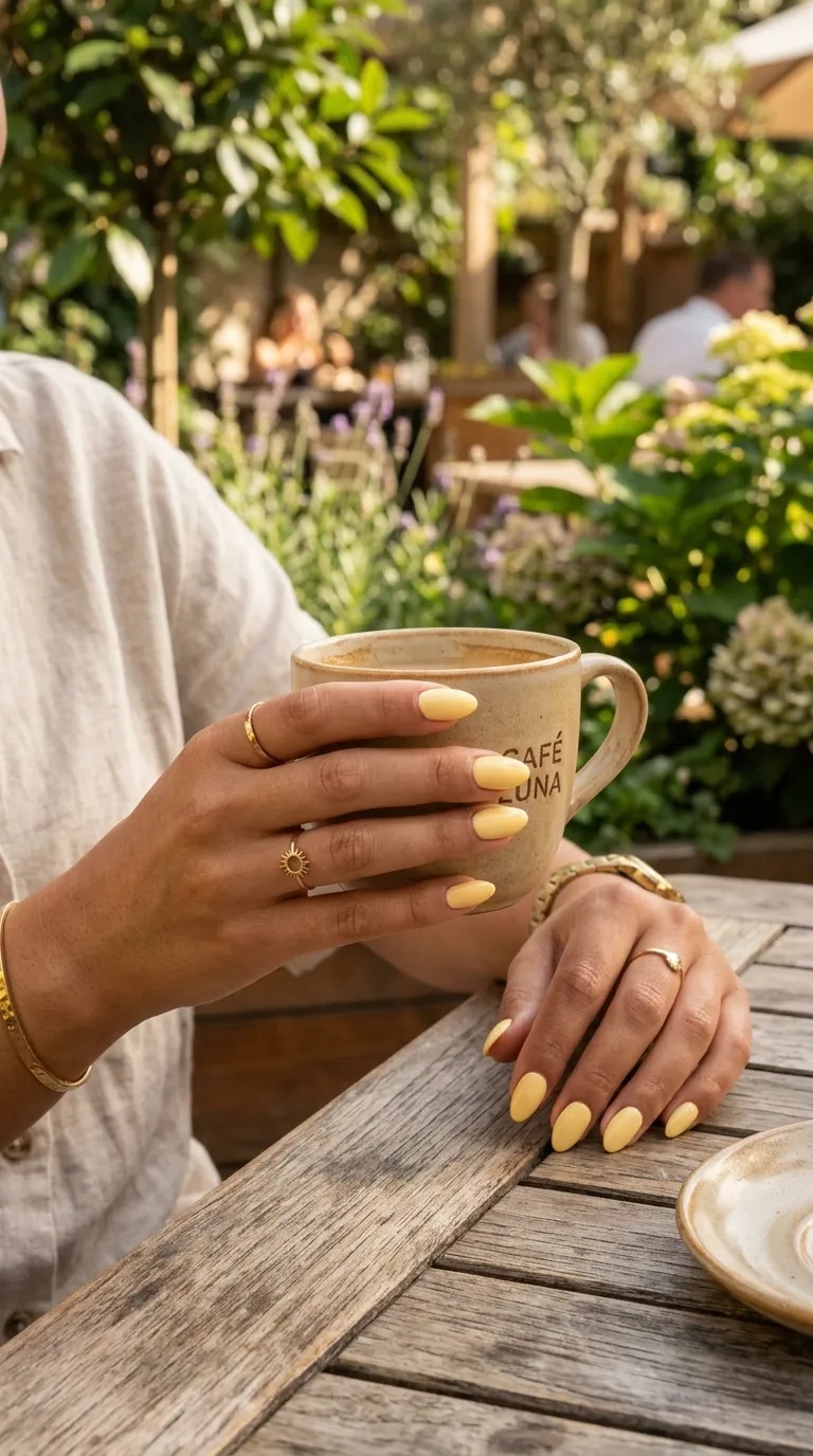 Butter yellow nails on medium skin tone