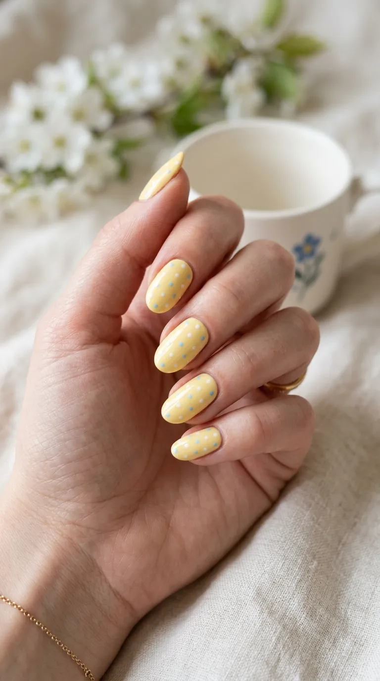 Butter yellow nails with polka dots