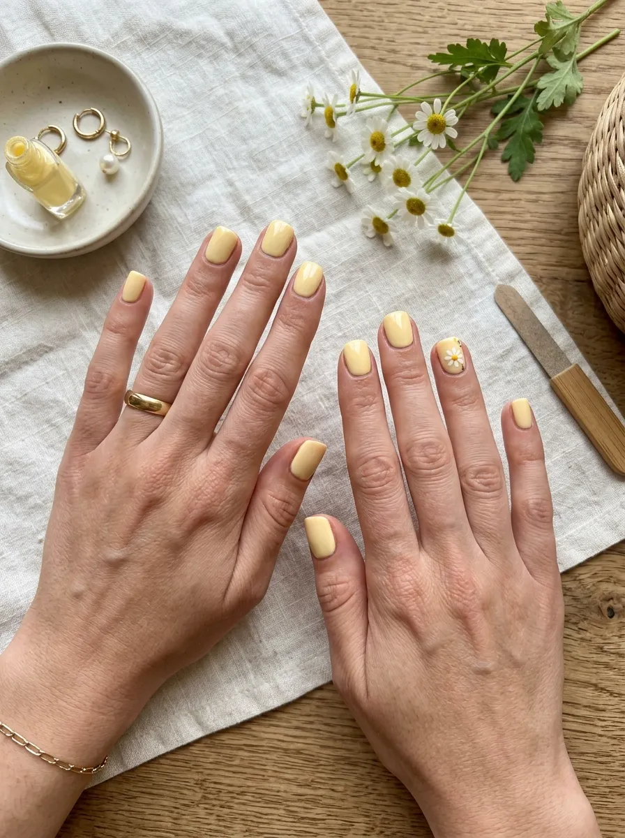 butter yellow nails with daisy accent