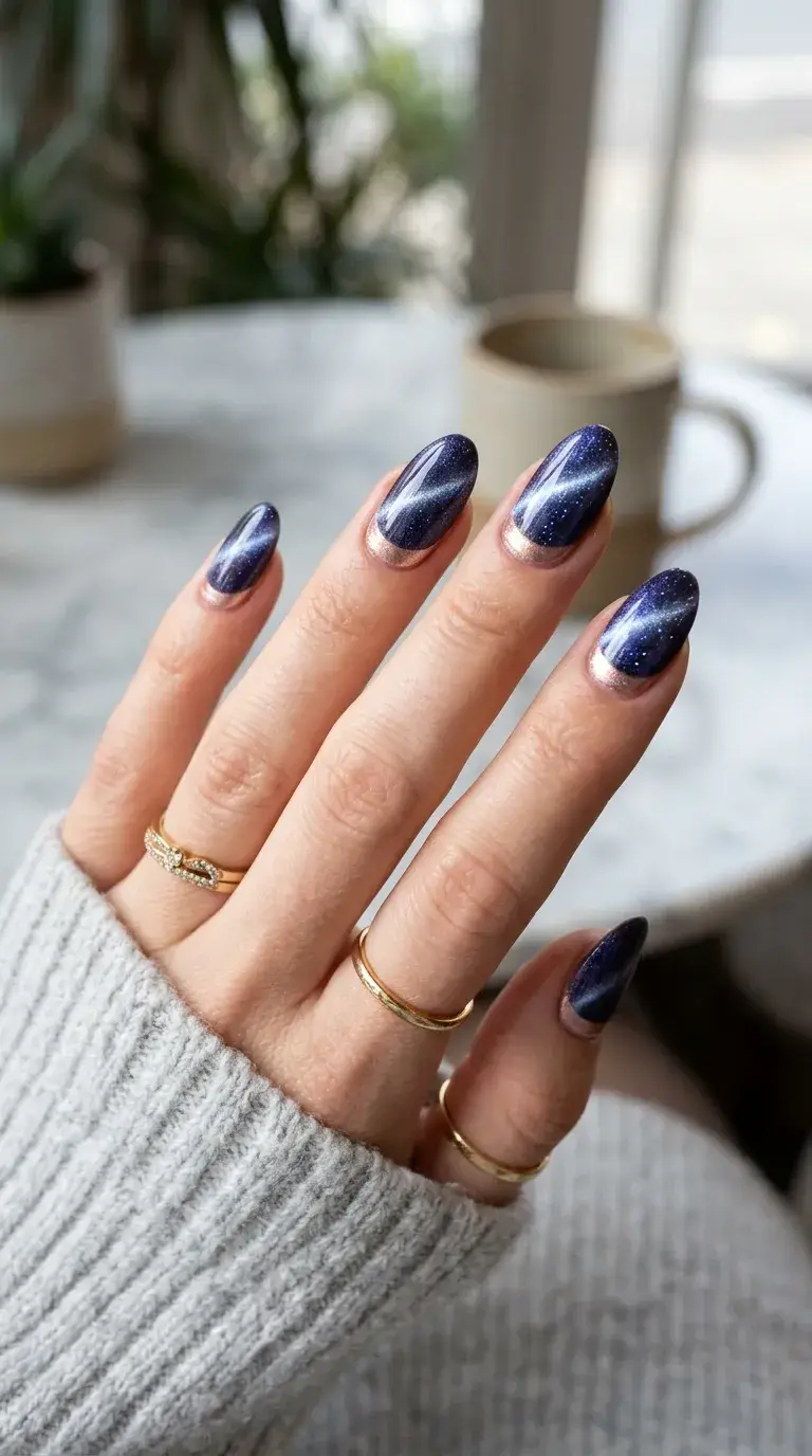 Cat eye reverse French shimmer nails