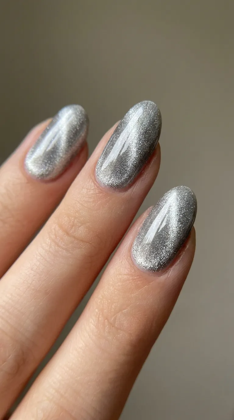 Close-up of silver cat eye nails with chrome shimmer band catching directional light