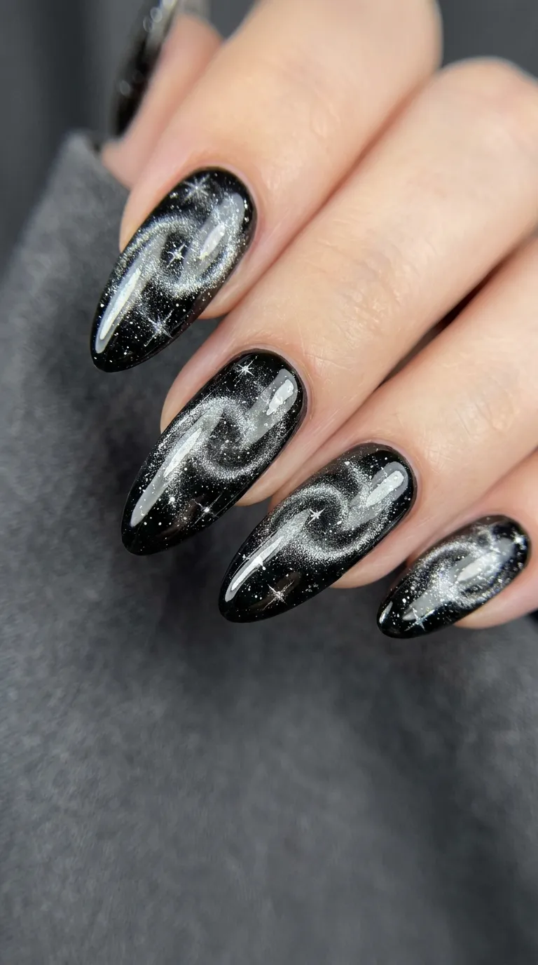 Close-up of black cat eye nails with silver shimmer band catching light