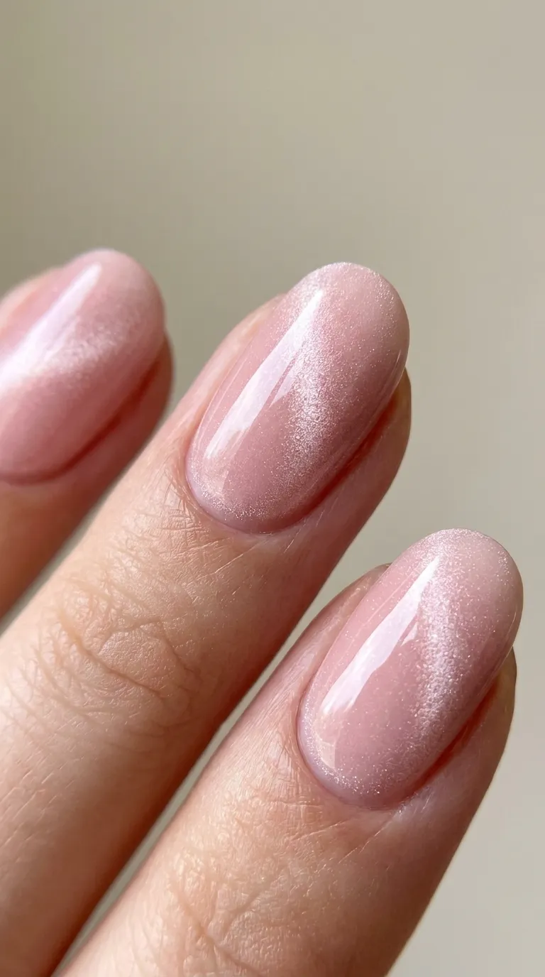 Close-up of pink cat eye almond nails with light catching the magnetic shimmer band