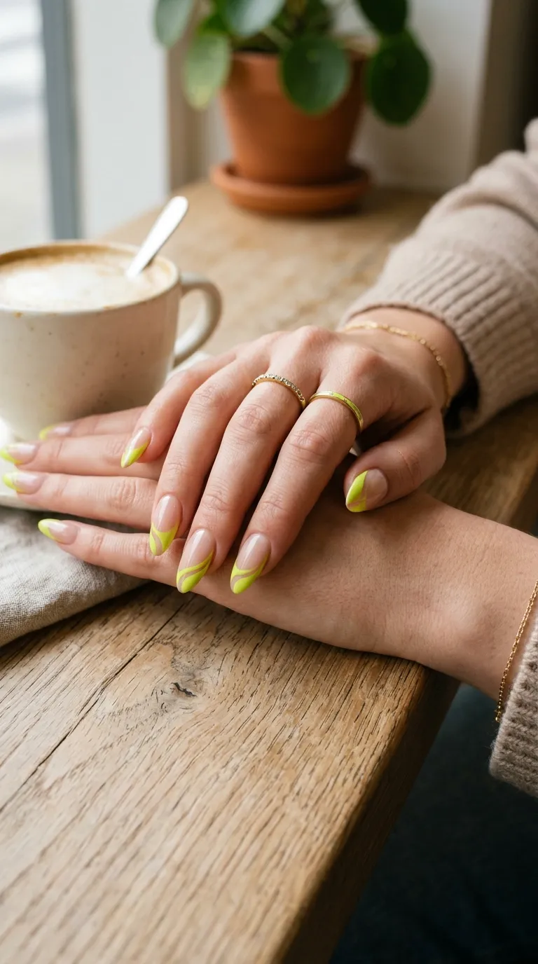 Chartreuse French-tip twist nails on nude base