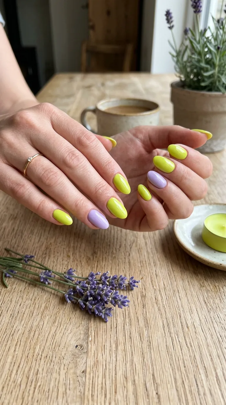 Lavender accent nail detail on the set