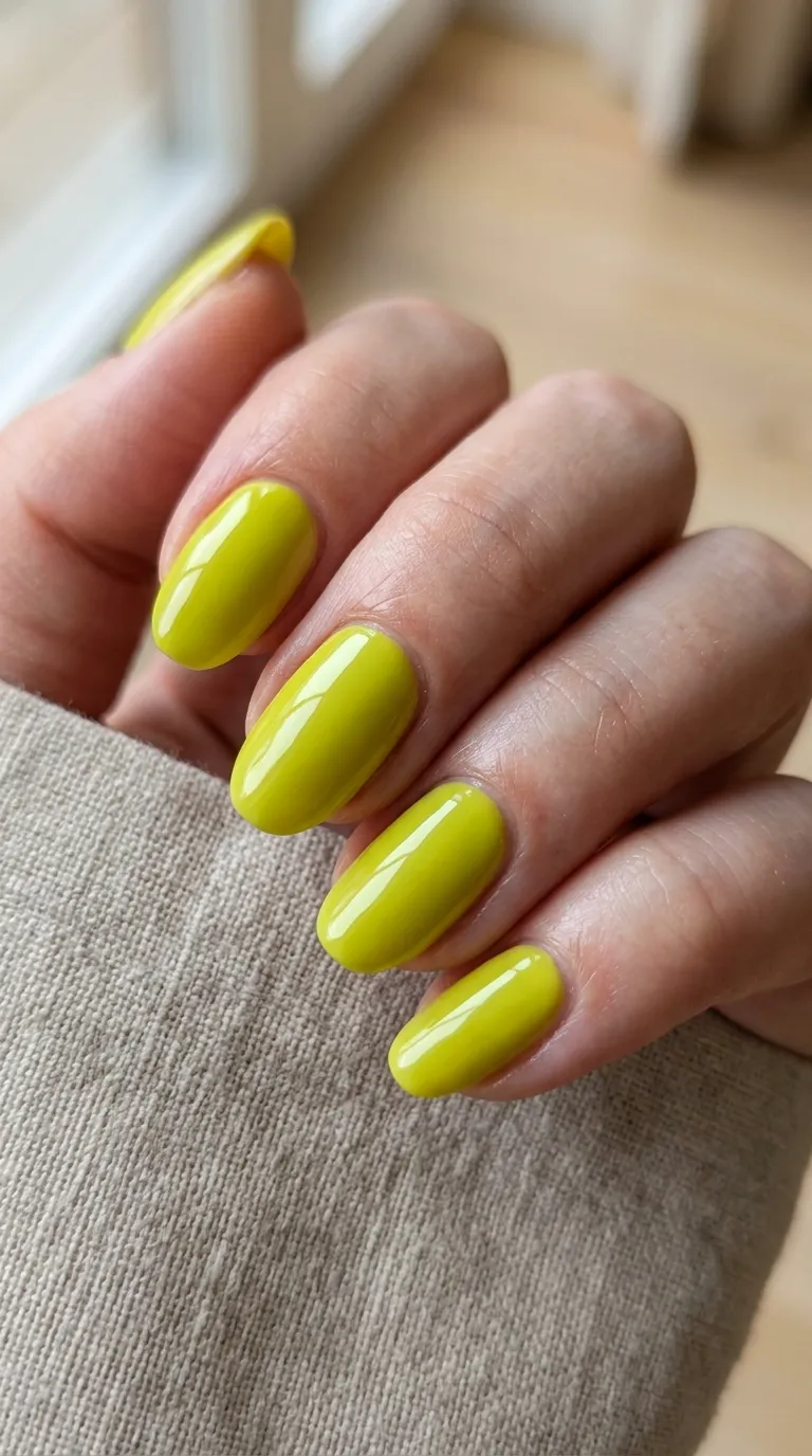 Chartreuse manicure with glossy top coat finish