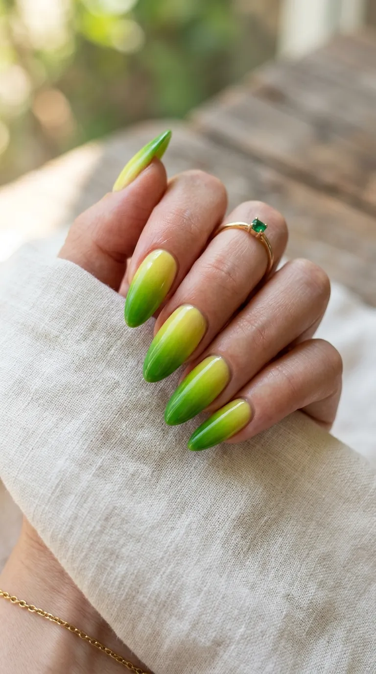 Chartreuse ombr&eacute; nails gradient fading to yellow-green tip