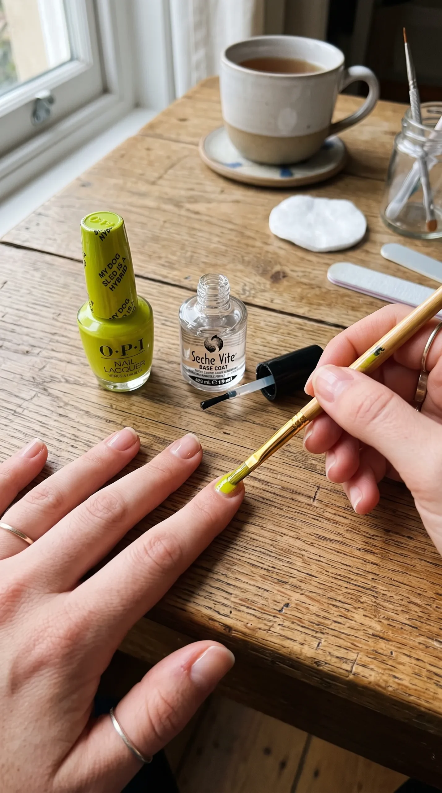 Chartreuse polish base coat application with brush