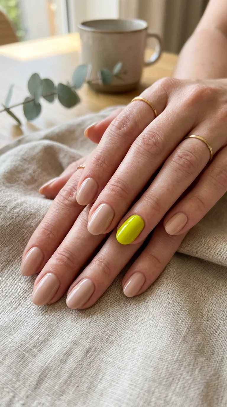 Chartreuse pop accent nail on nude manicure