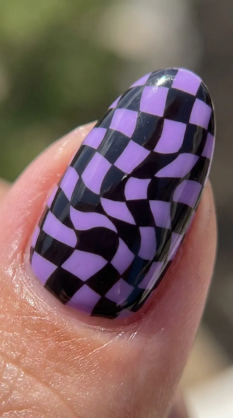 Warped checkerboard Tame Impala nails in purple and black