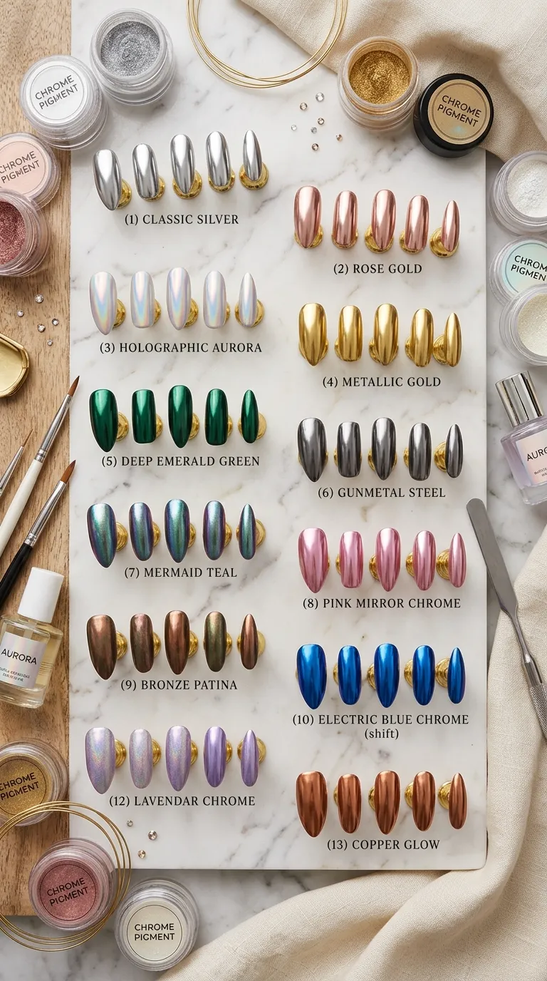 Chrome nail trend editorial flat lay