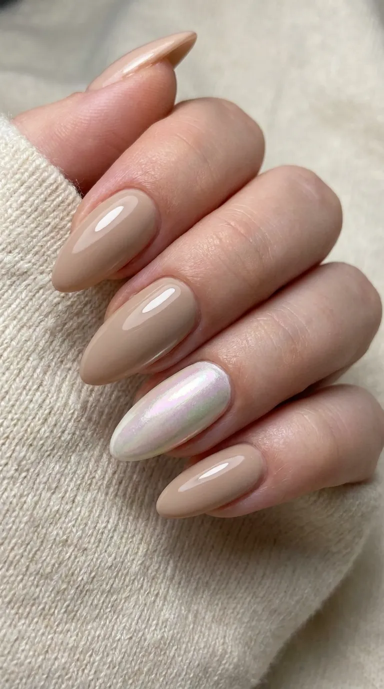 Chrome and pearl accent nail finish on neutral base