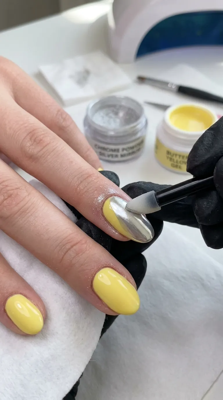 Chrome powder buffed onto butter yellow nail
