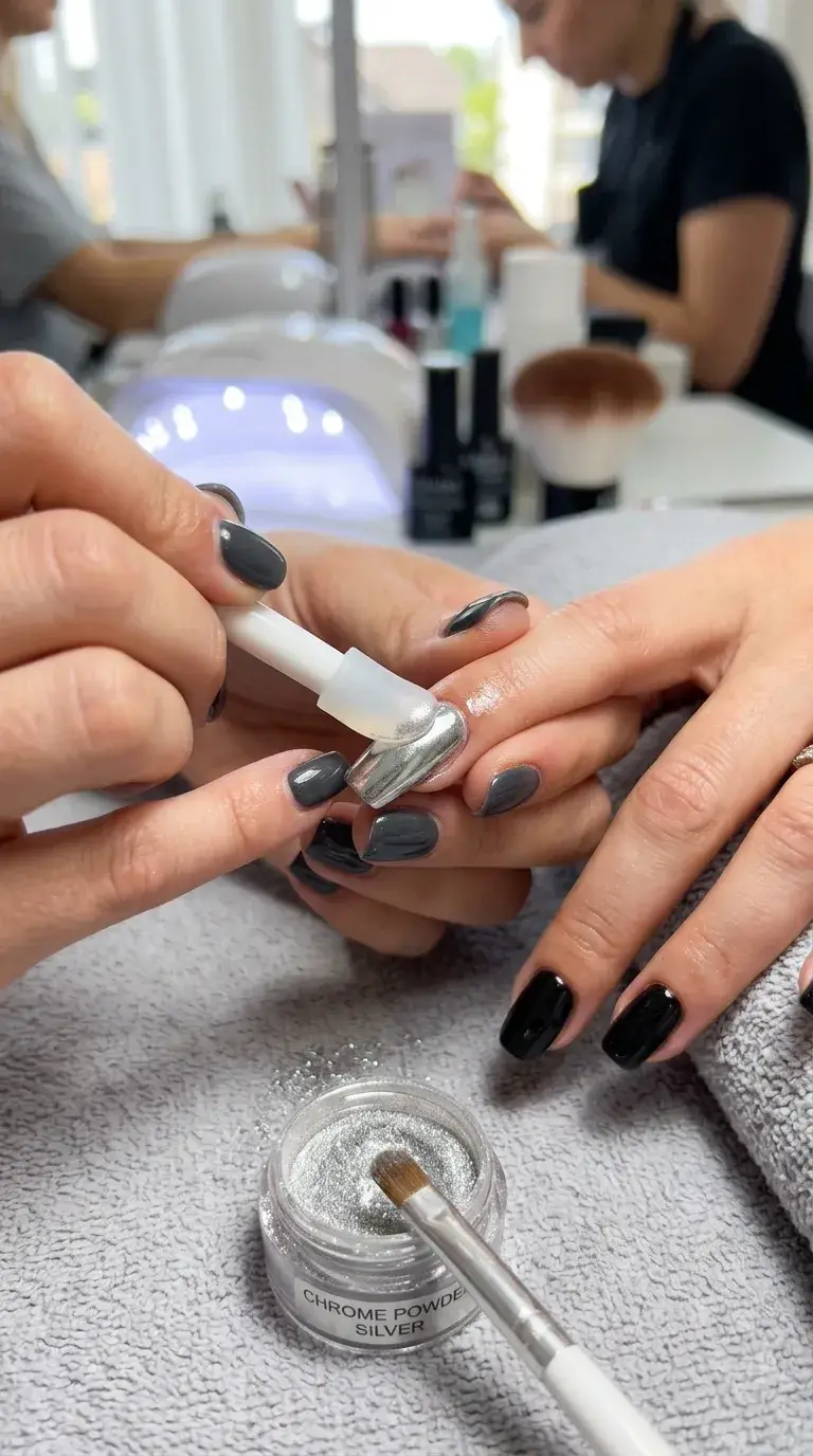Chrome powder burnished onto nail with proper technique