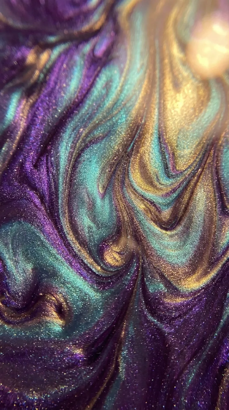 Liquid chrome swirl Tame Impala nails in purple, teal and gold