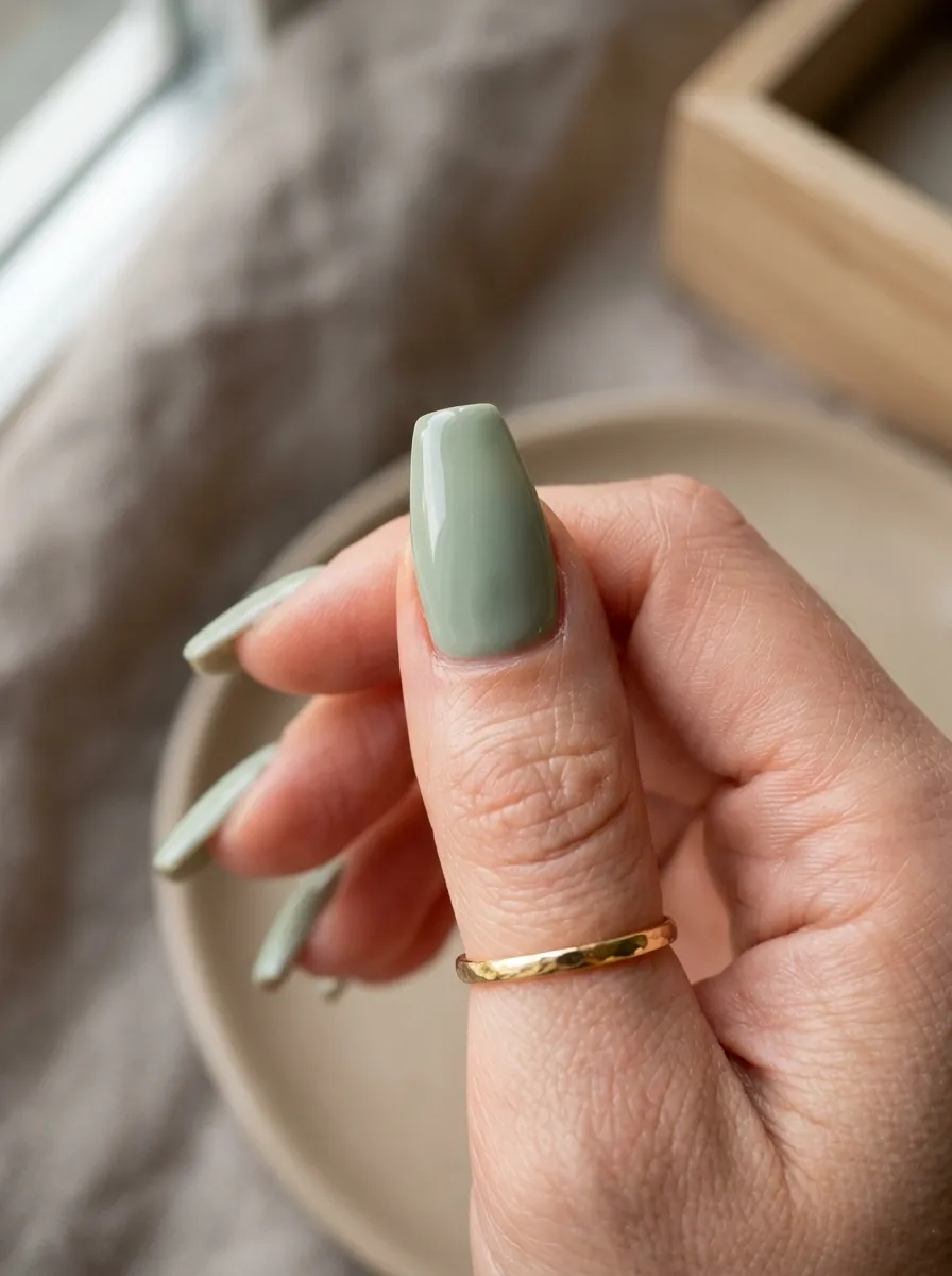 milky sage green coffin nail detail