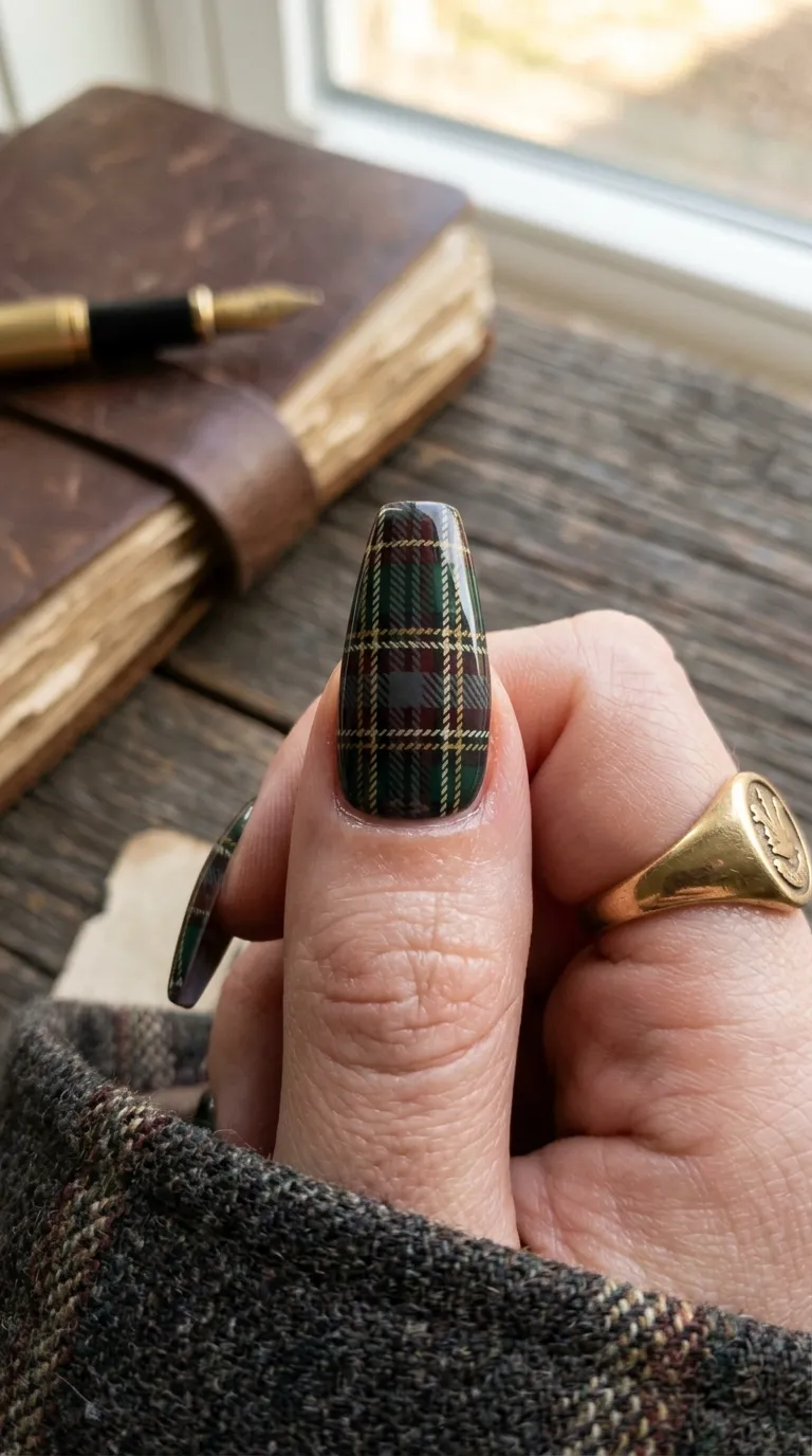 plaid nails coffin shape pattern