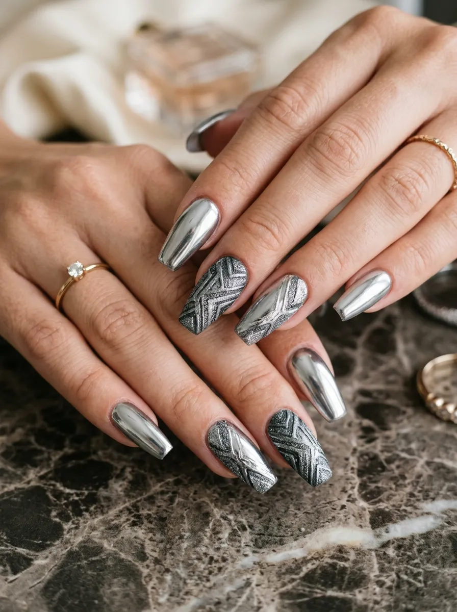 medium coffin alien core nails chrome texture