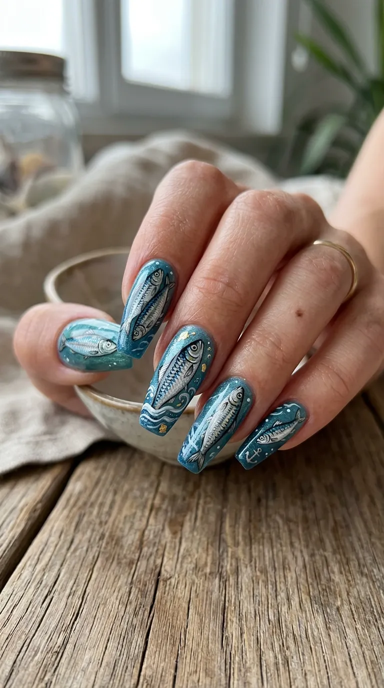 french riviera nails coffin sardine motif