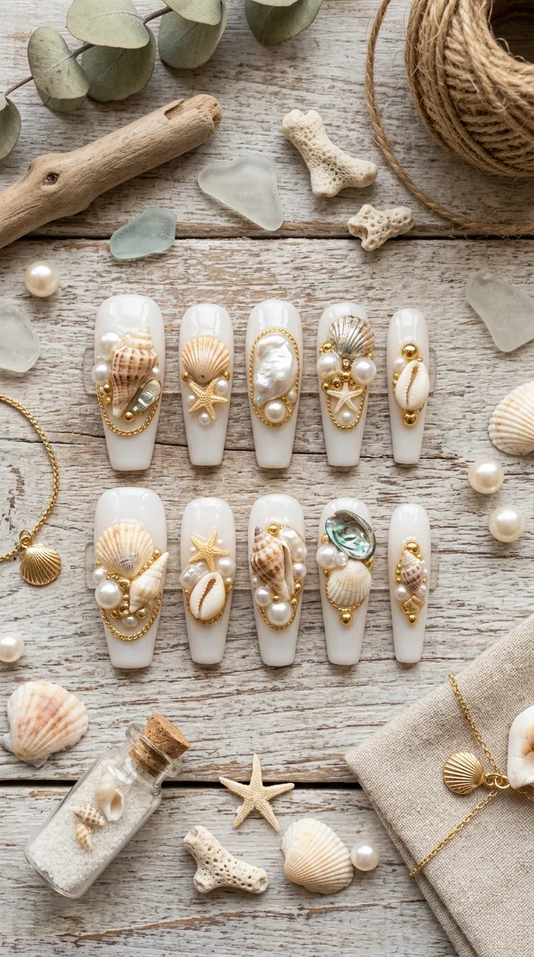 Coffin-shaped nails with 3D shell charms