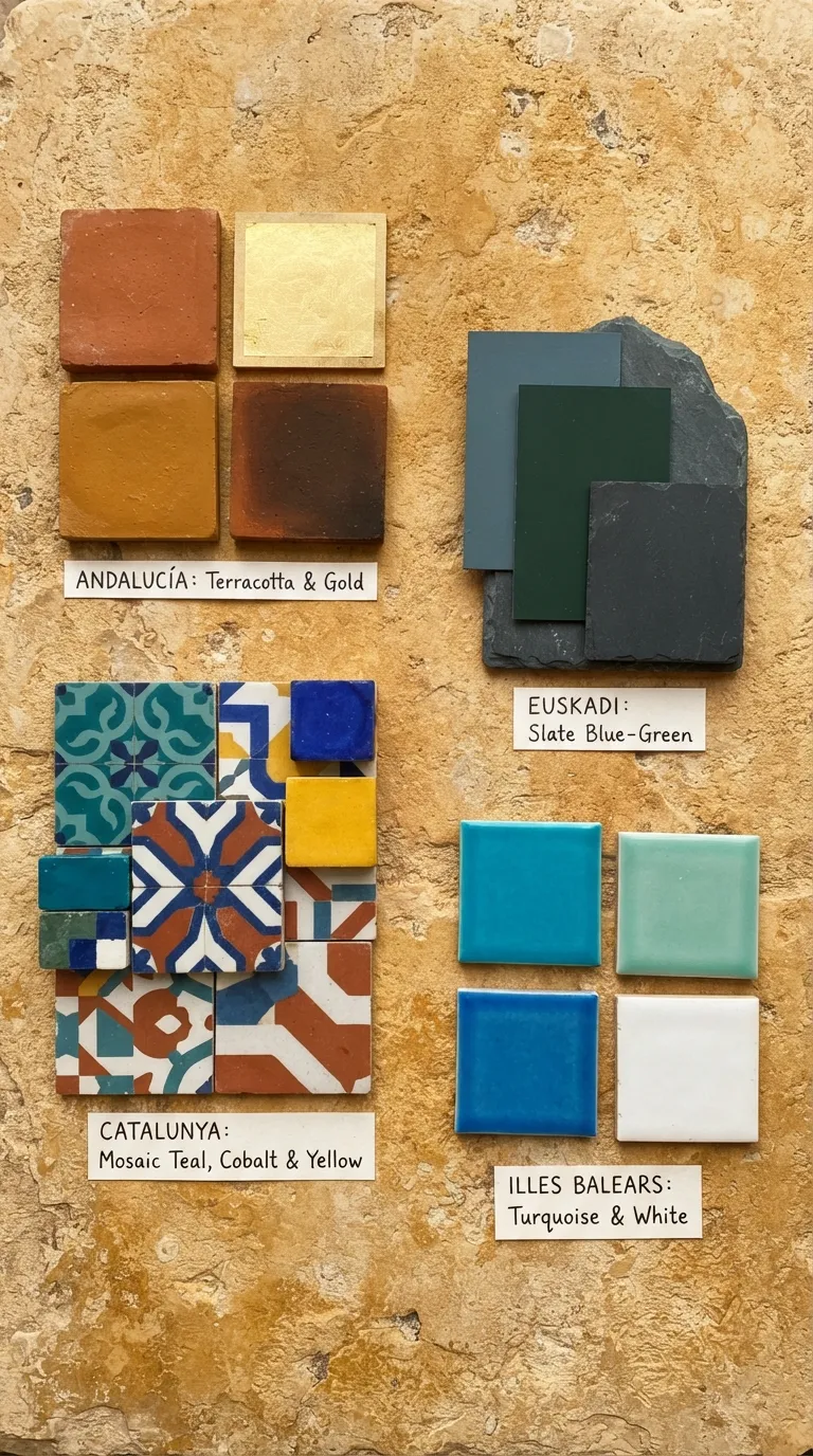 Color swatches for Spain nails: Andalusian, Catalan, Basque and Balearic palettes