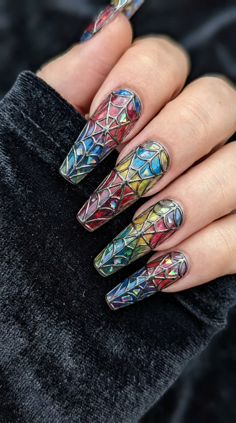 Stained glass spiderweb Halloween nails