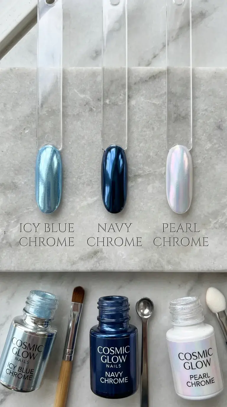 Chrome nail trend comparison flat lay swatches