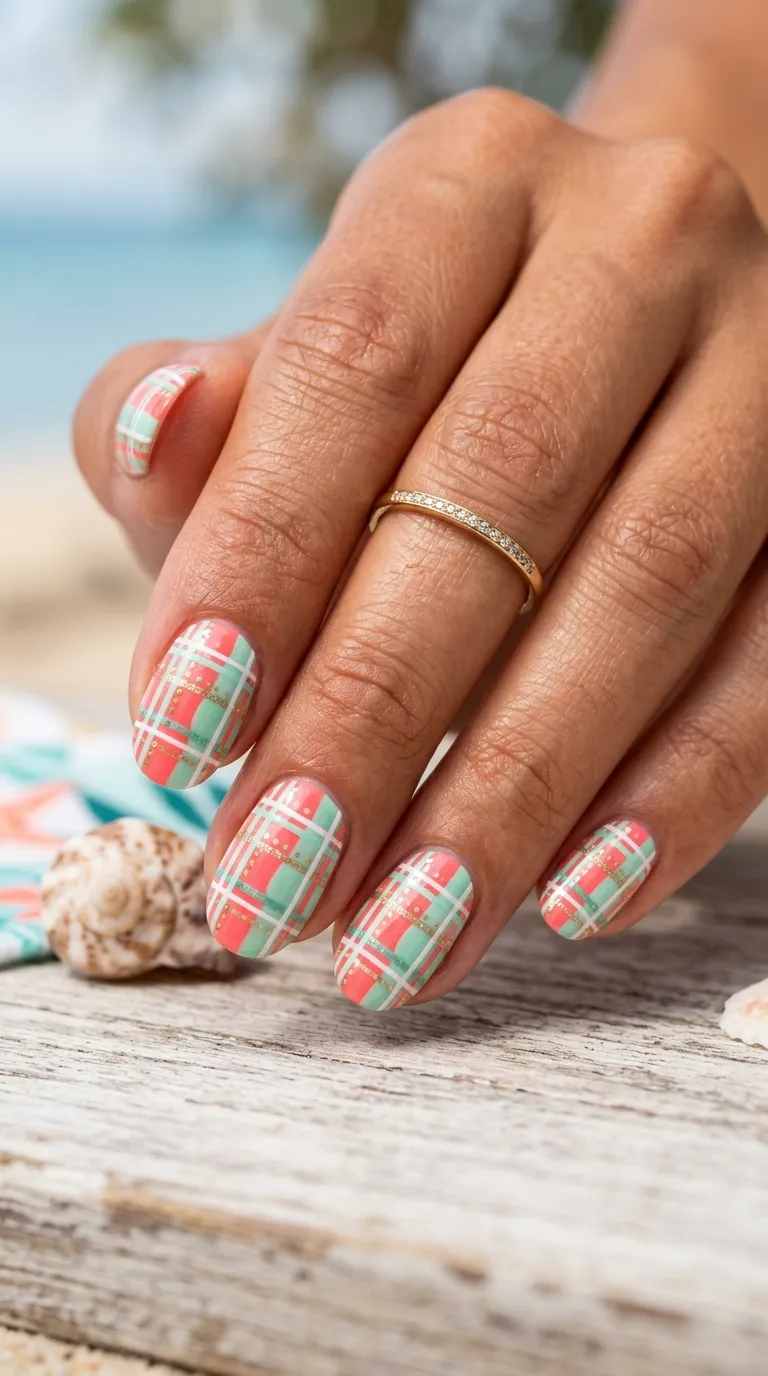 plaid nails coral mint design