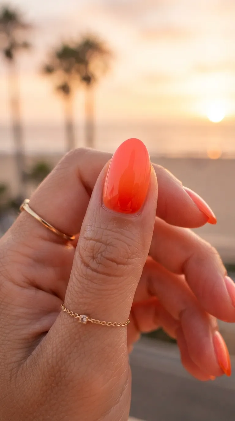 Sunset over the coast gradient Spain nails in coral and orange