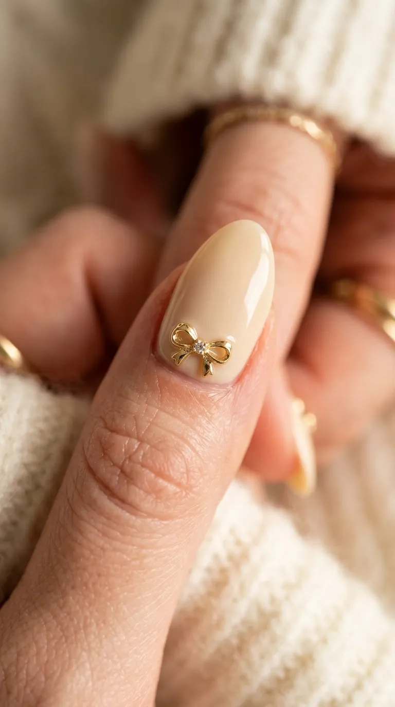 Coconut cream tropicoqueta nail with a gold bow charm