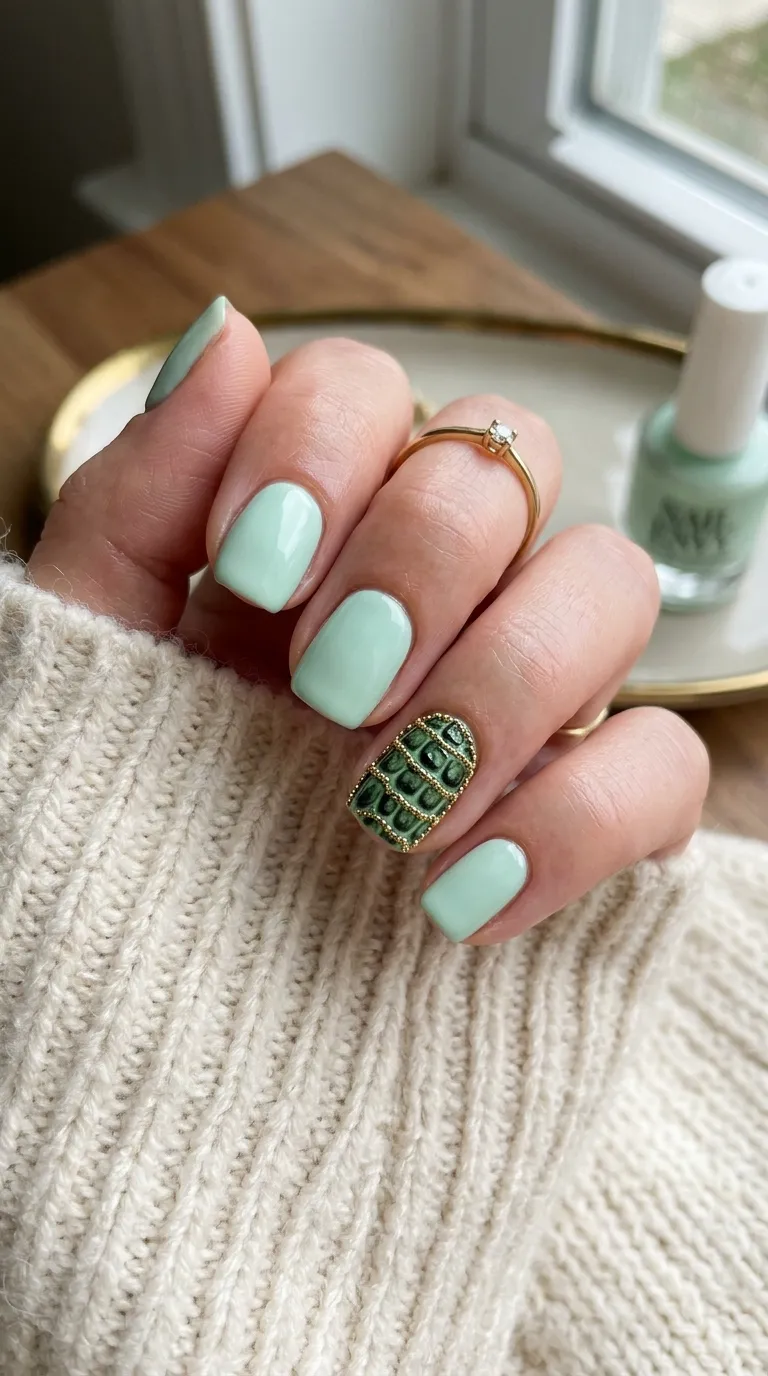 Croc-print accent nail over a pastel green base