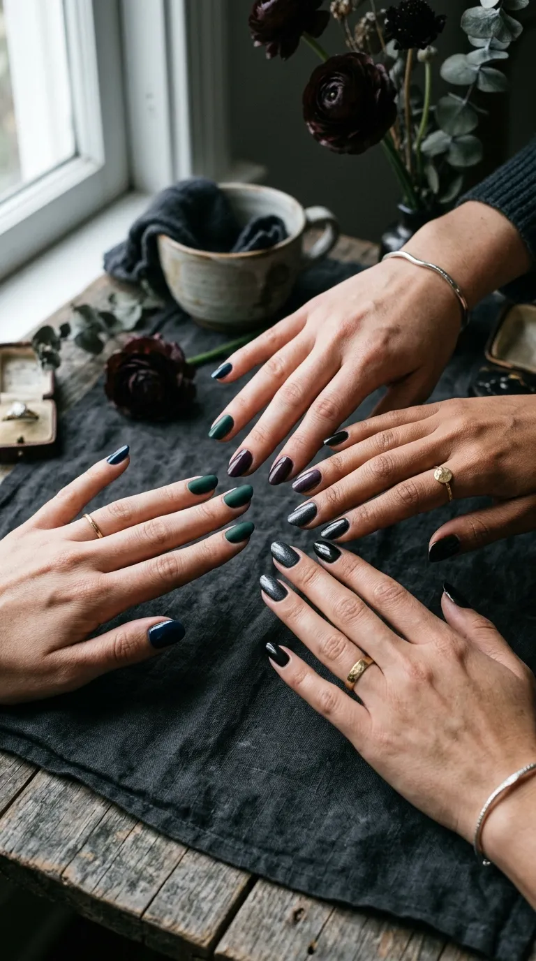 Dark cool-toned nail trend editorial