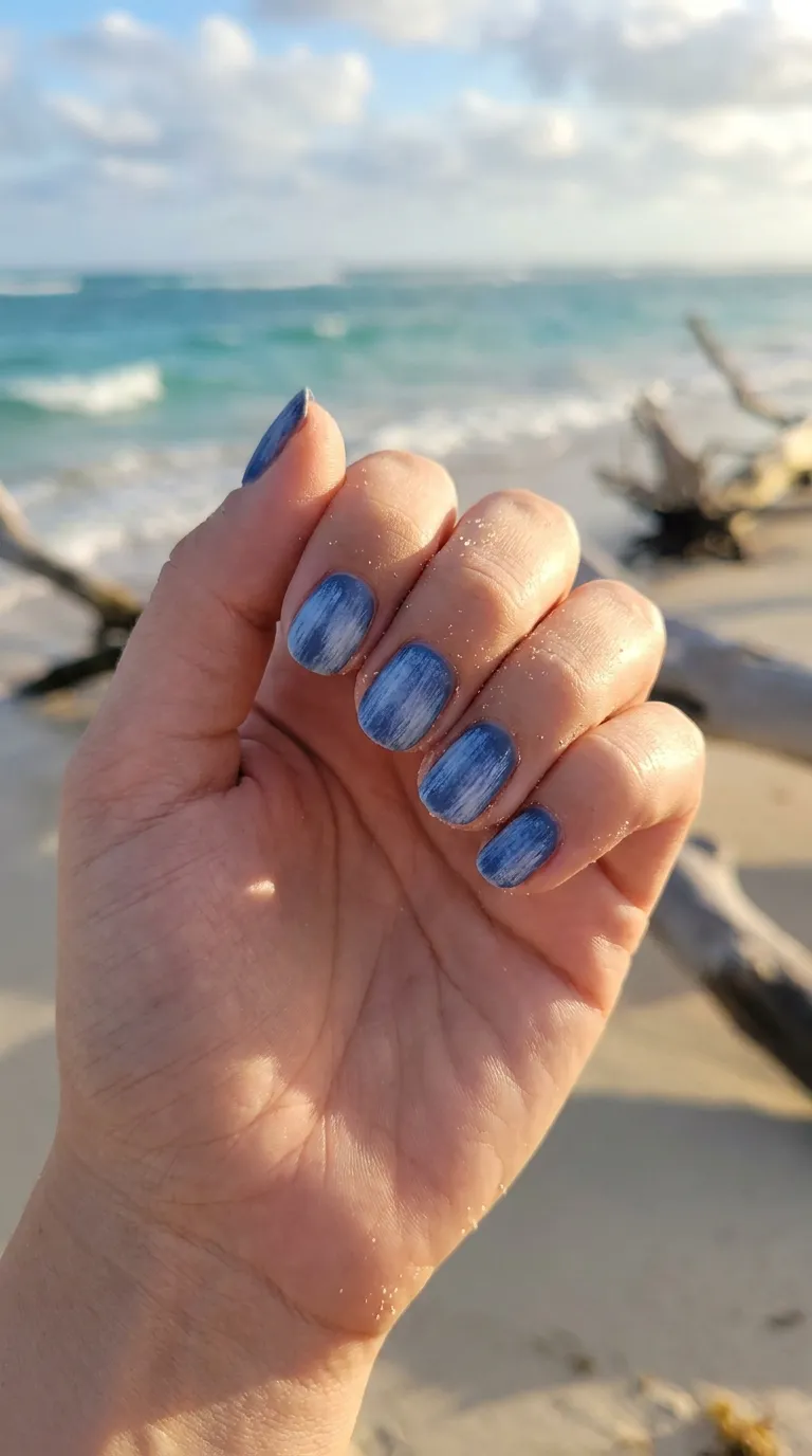 Washed denim-tone nails with a beach background