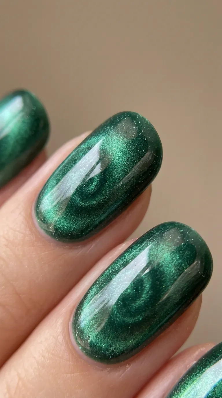 Close-up of green cat eye nails with emerald shimmer band catching light
