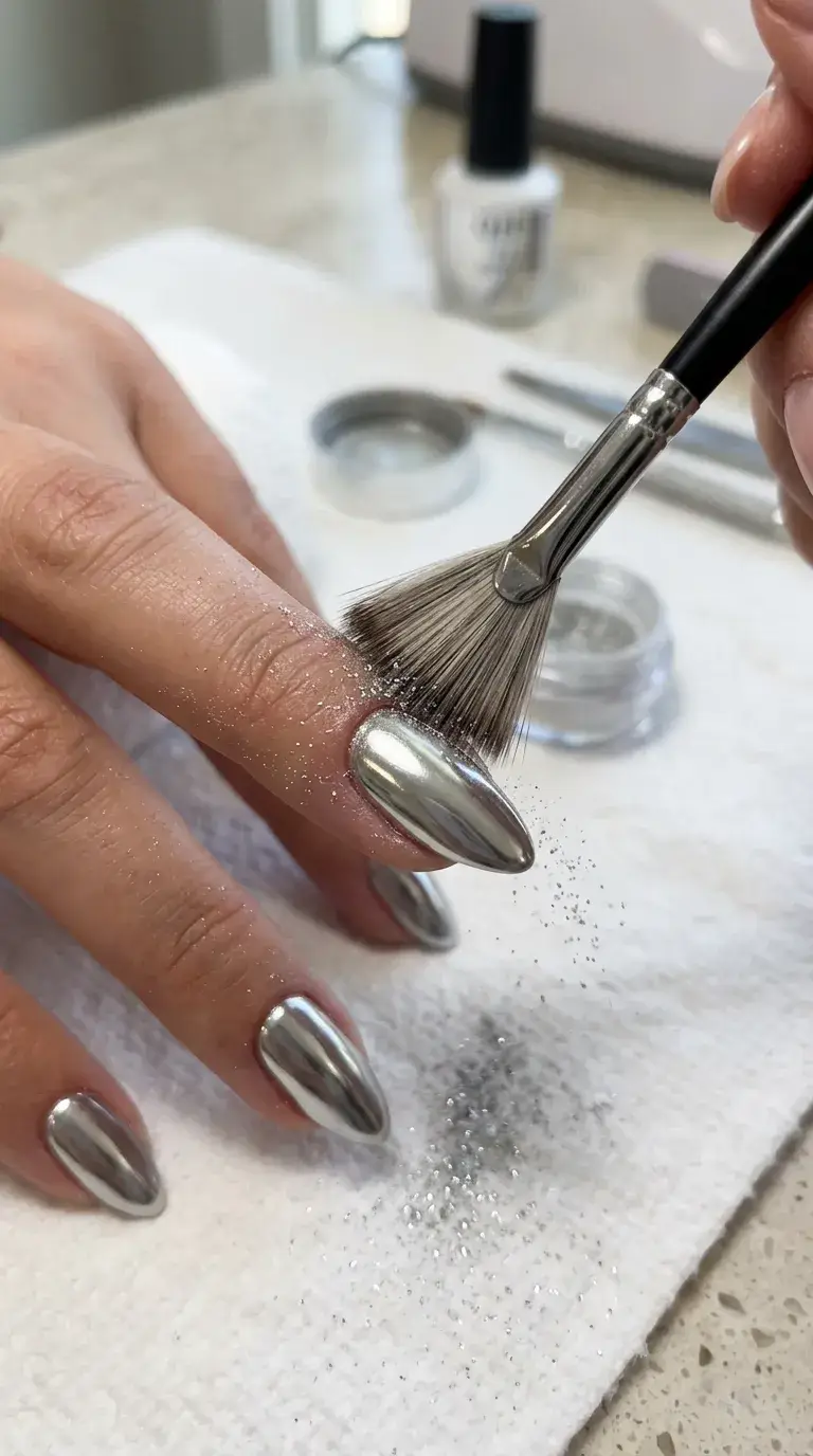 Fan brush sweeping excess chrome powder