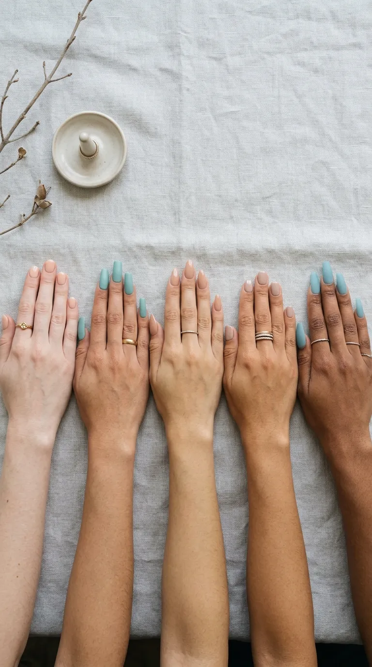 Five hand shapes for surfside nails: almond, squoval, square, round and coffin