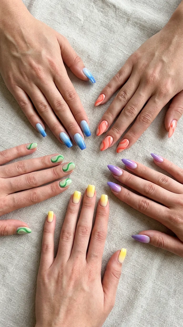 Five hand shapes for Tame Impala nails with swirl and gradient accents