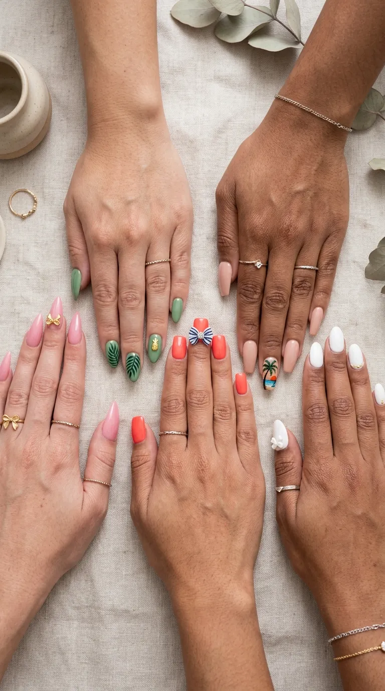 Five hand shapes for tropicoqueta nails with bow and tropical accents