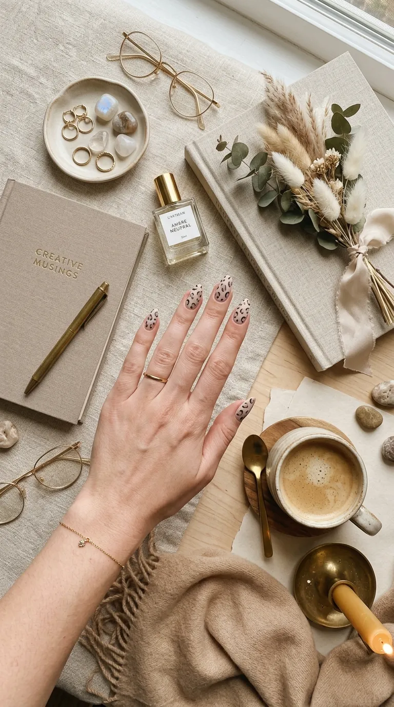 Animal print nails trend editorial flat lay