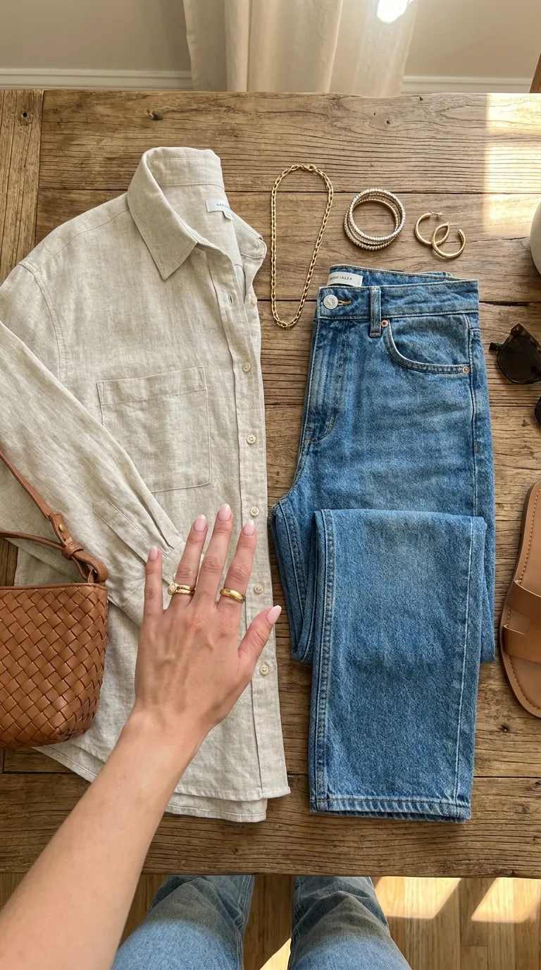Flatlay of a manicured hand with linen, denim, and gold jewelry