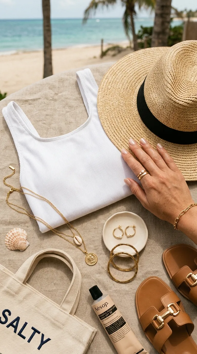 Flatlay of a manicured hand with white swimsuit and gold jewelry