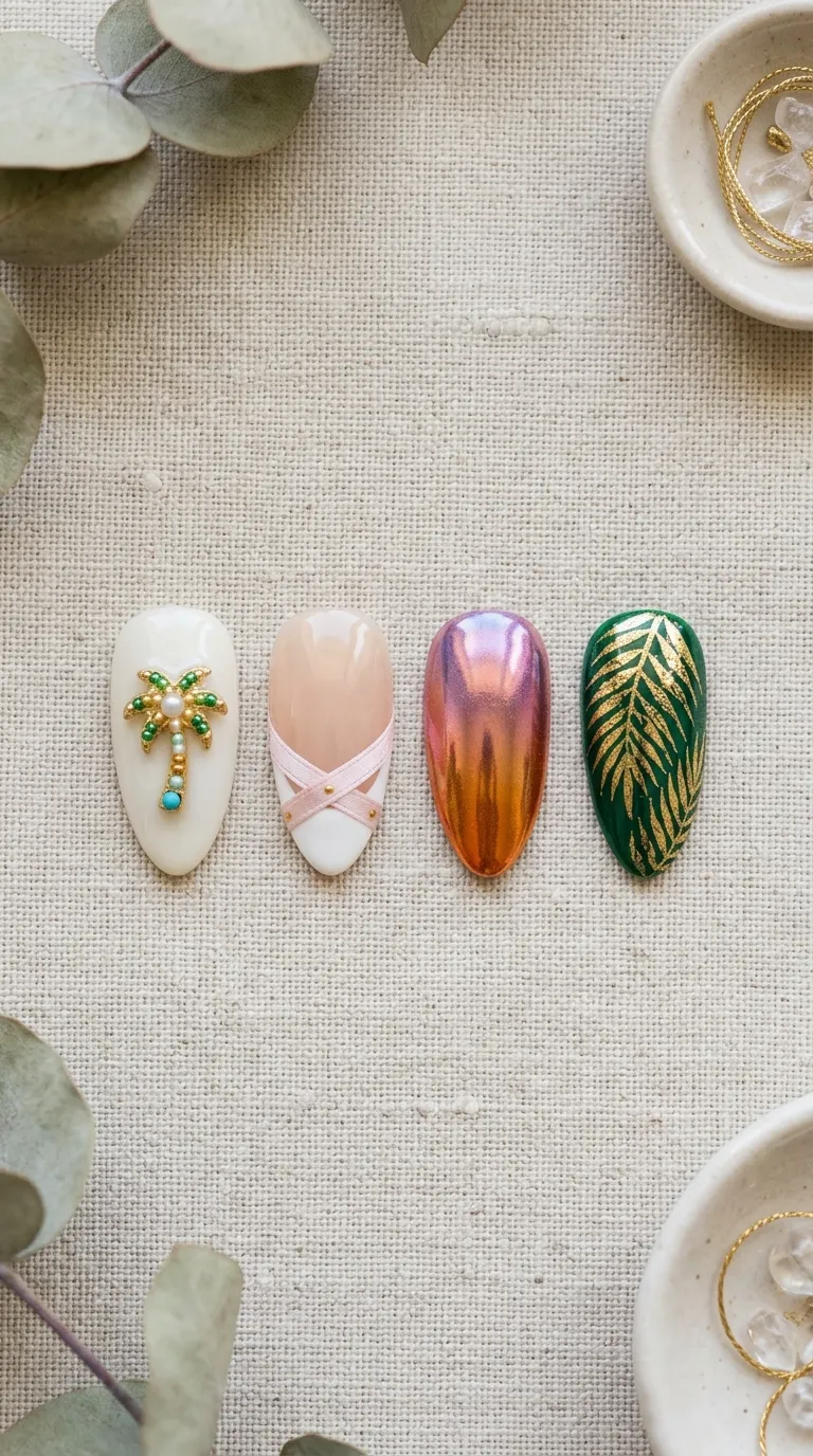 Four tropicoqueta nail accent styles in a flat lay